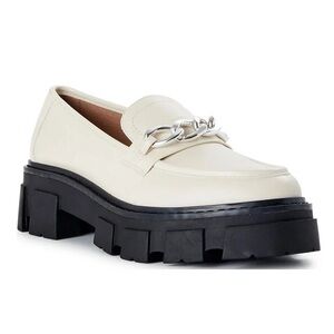 Cream Lug Bottom Platform Creeper Loafers w Black Sole & Silver Chain